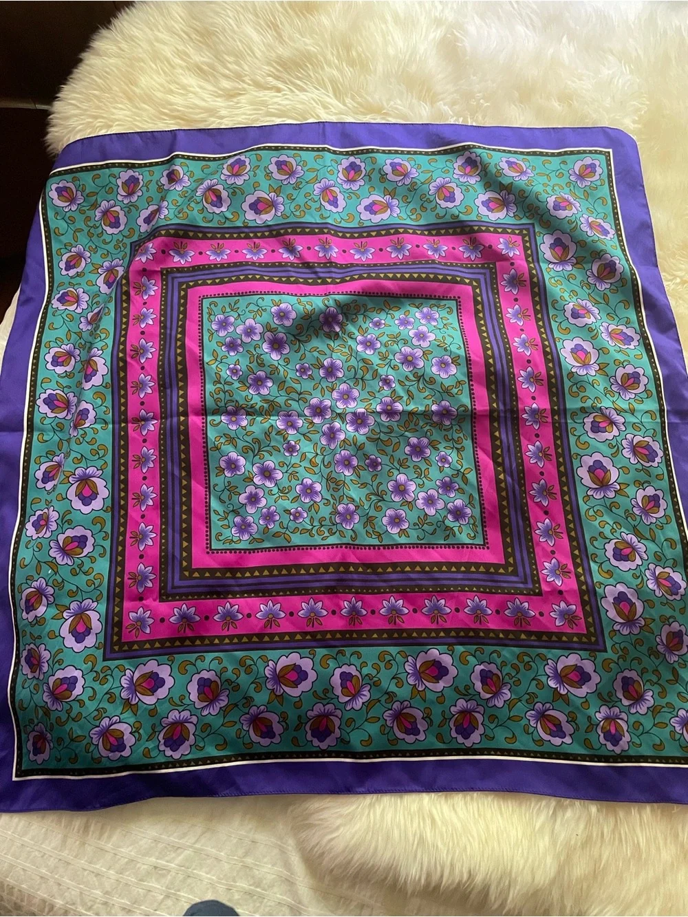 Square Purple Magenta Floral Scarf with Border  30” x 30”